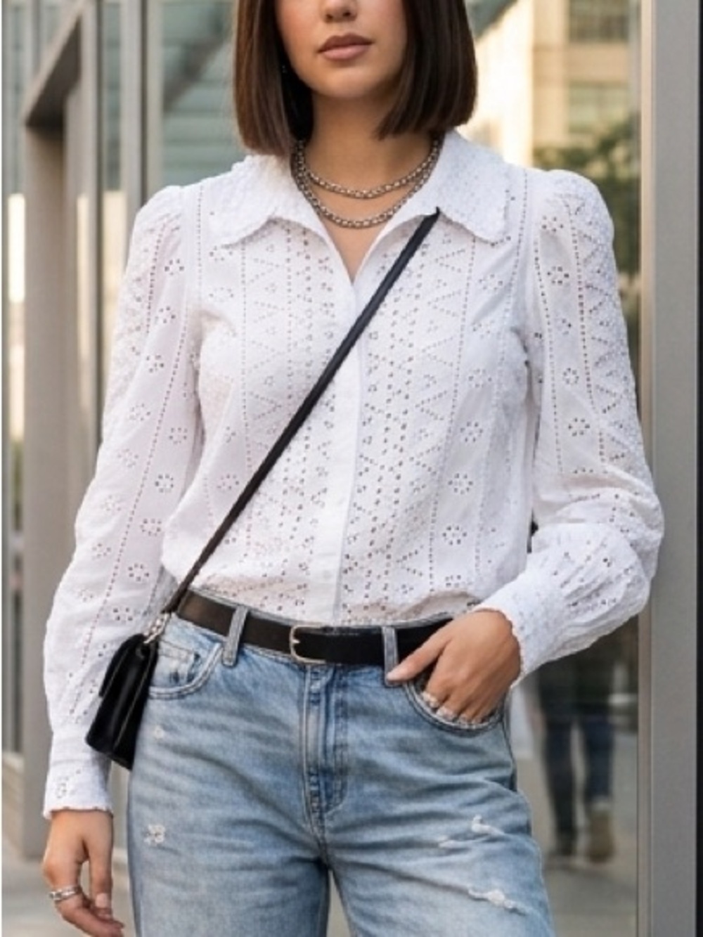a loves a Eyelet Ruffle Collar Rayon Lined White Blouse S